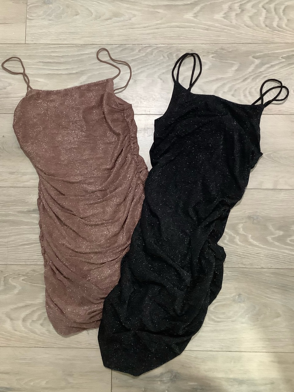 Shimmery Ruched Spaghetti Strap Dress - Black and Dusty Rose